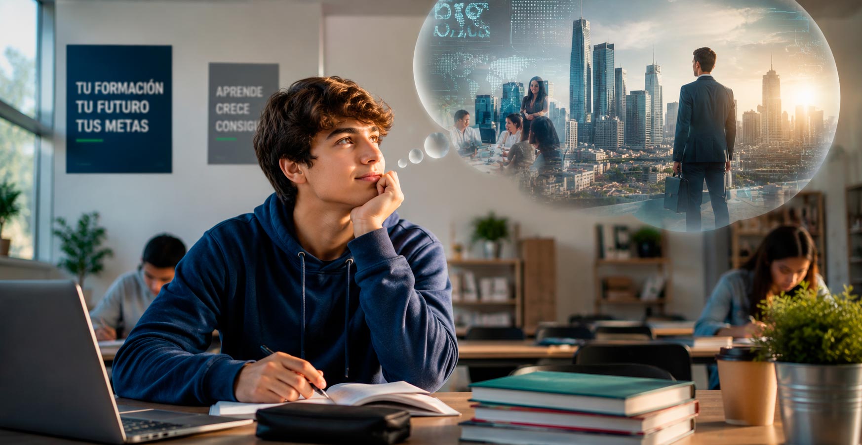 Alumno del Centro de Formación Profesional Rumasa estudiando en el aula mientras imagina su futuro profesional y las oportunidades de su carrera.