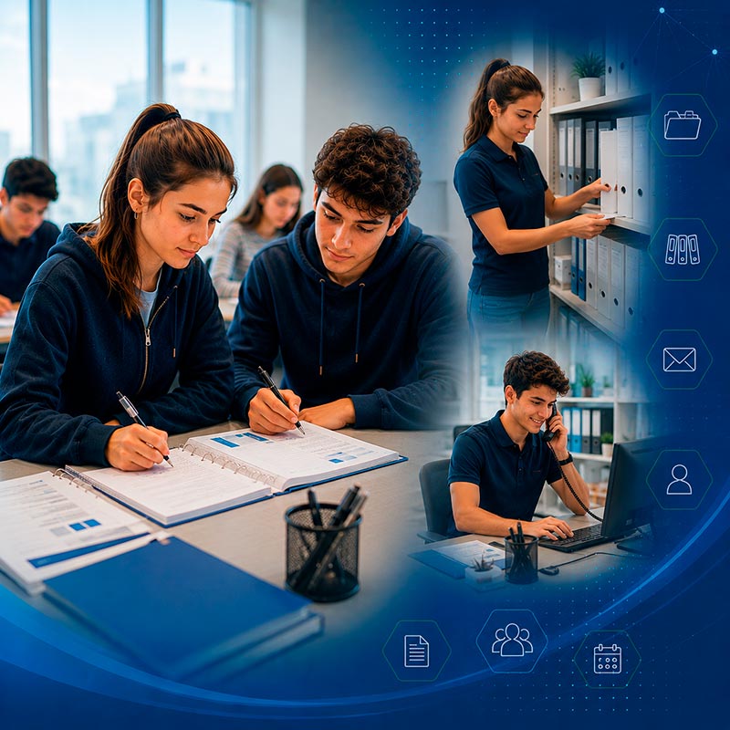 Estudiantes de Servicios Administrativos desarrollando competencias básicas de gestión, documentación y apoyo administrativo.
