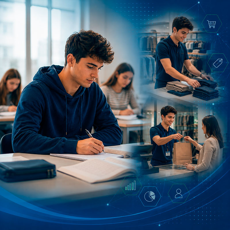 Alumno de Actividades Comerciales formándose en el aula y desarrollando tareas relacionadas con ventas y atención al cliente.