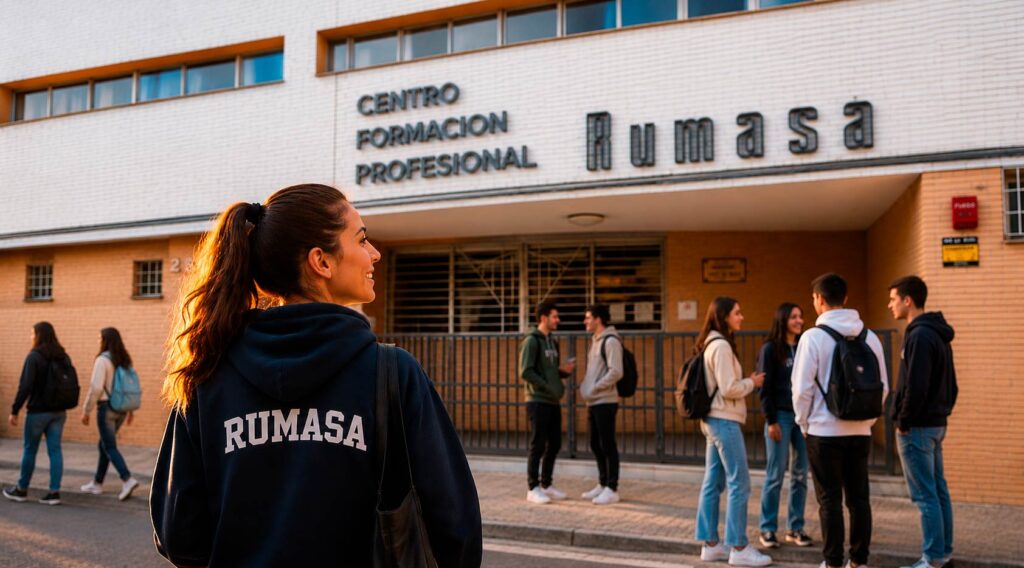 Alumna del Centro de Formación Profesional Rumasa junto a otros estudiantes en la entrada del centro educativo.
