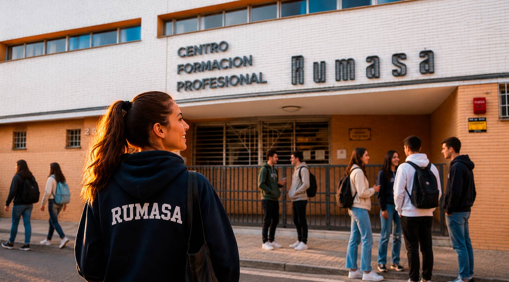 Alumna del Centro de Formación Profesional Rumasa junto a otros estudiantes en la entrada del centro educativo.