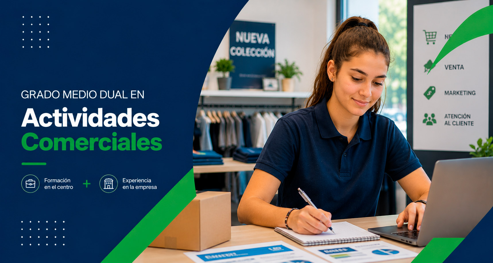 Estudiante formándose en ventas, comercio y atención al cliente mediante la modalidad Dual en el Centro de Formación Profesional Rumasa.